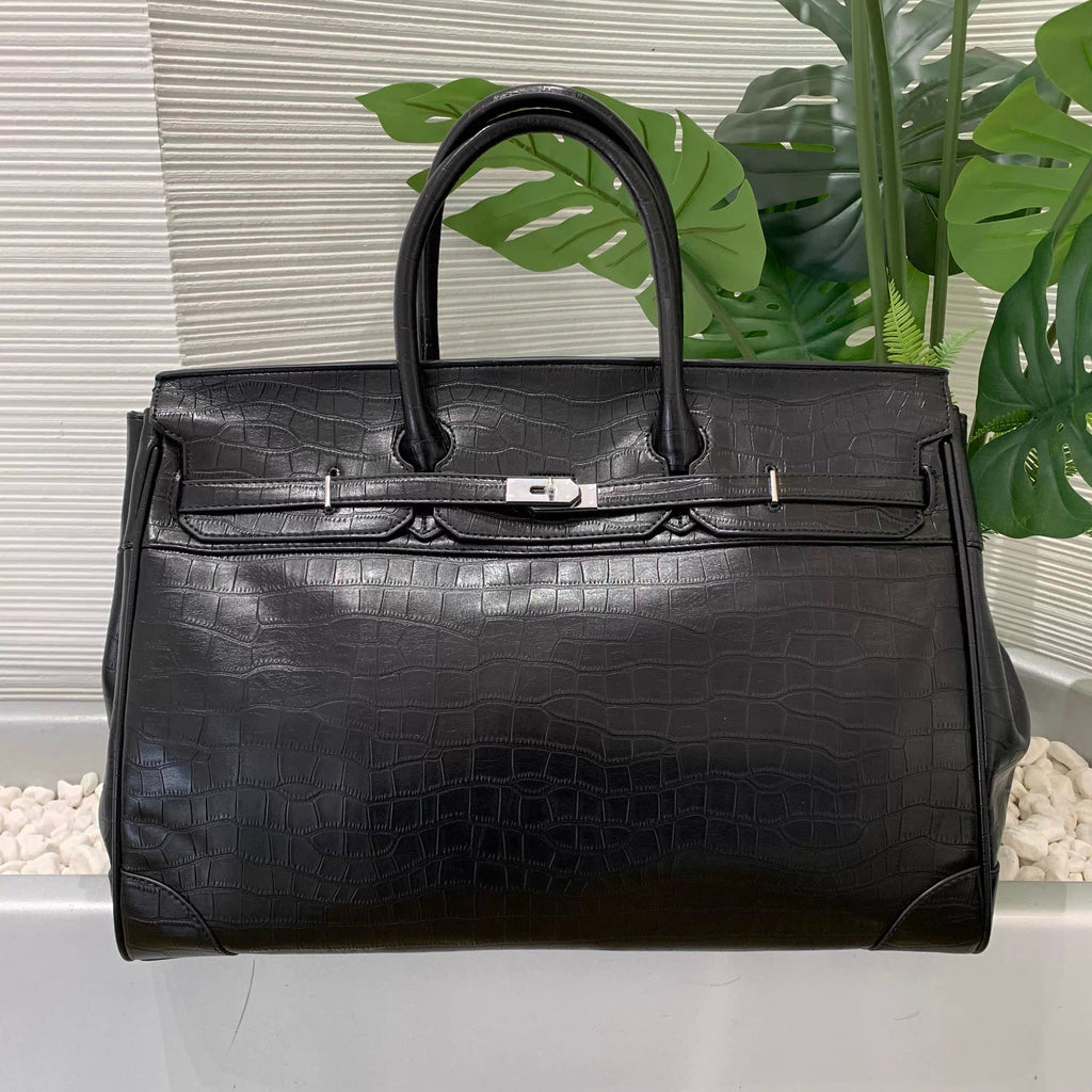 Ultimate Large Black Croc-Embossed Weekender Bag