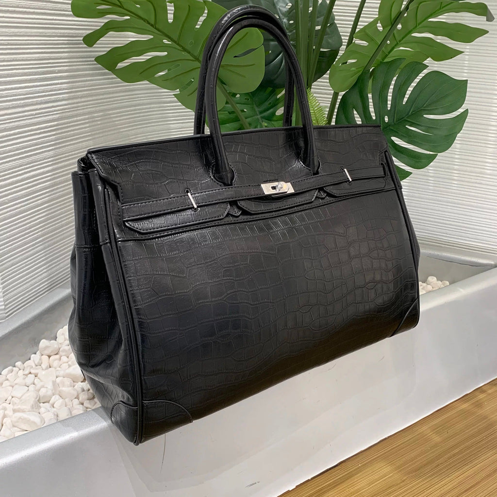 Ultimate Large Black Croc-Embossed Weekender Bag