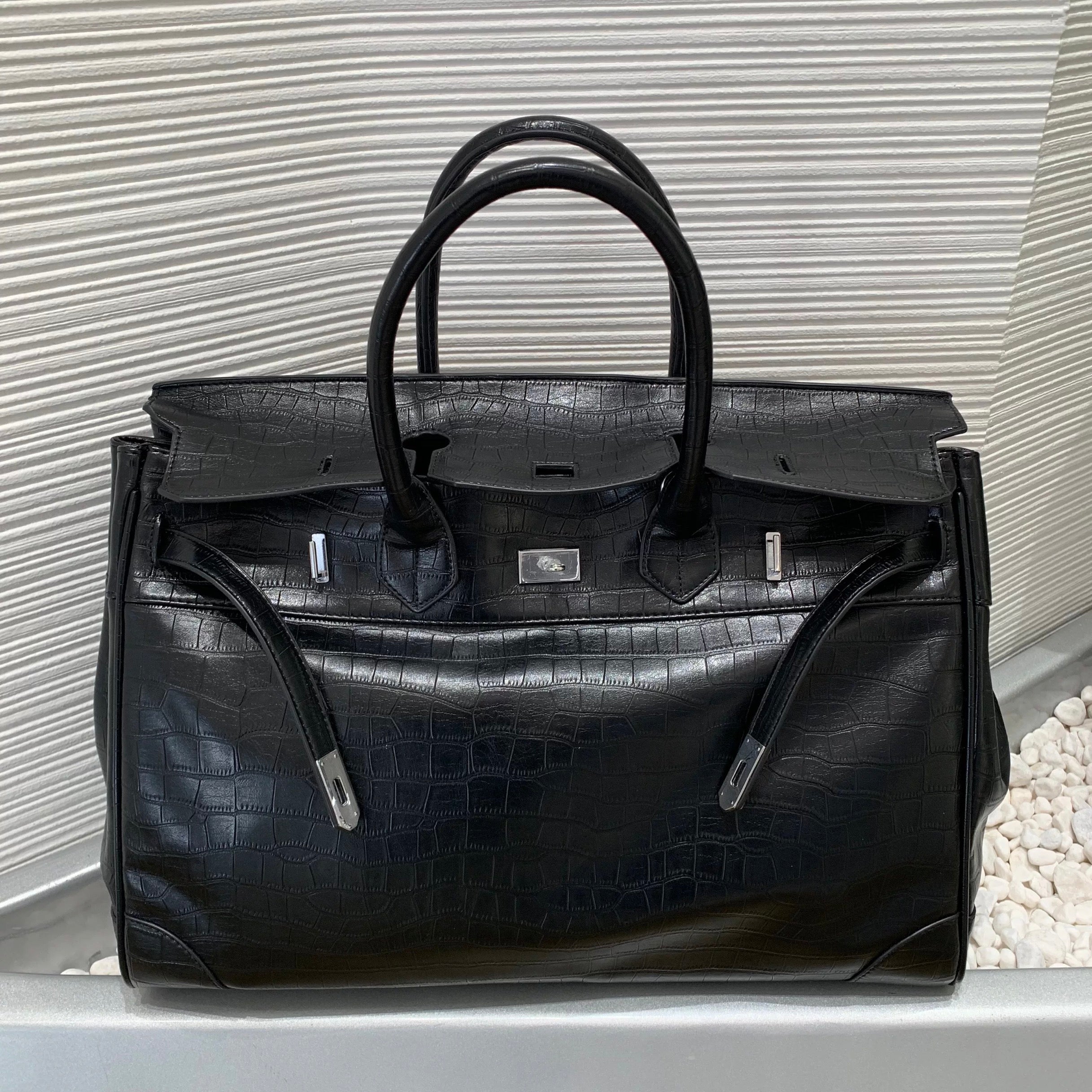 Ultimate Large Black Croc-Embossed Weekender Bag