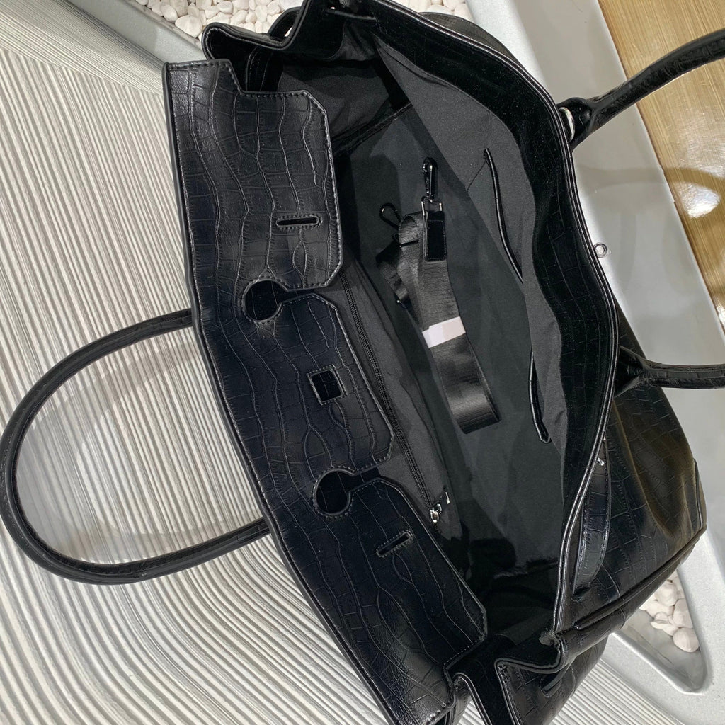 Ultimate Large Black Croc-Embossed Weekender Bag