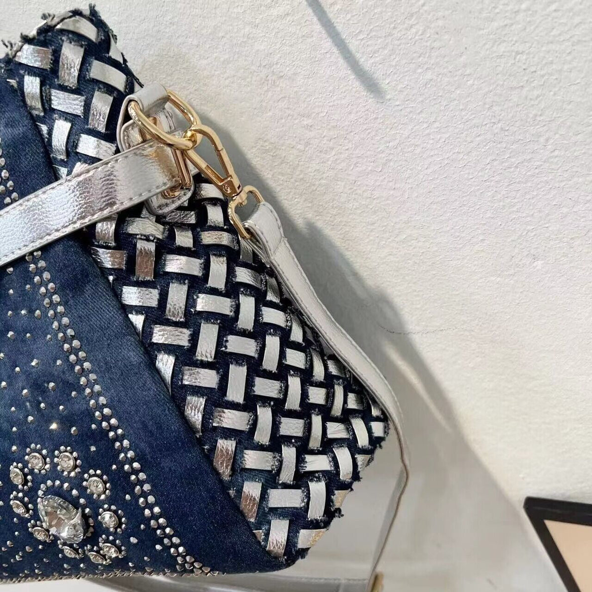 Baldini Rhinestone-Embellished Denim Art Bag