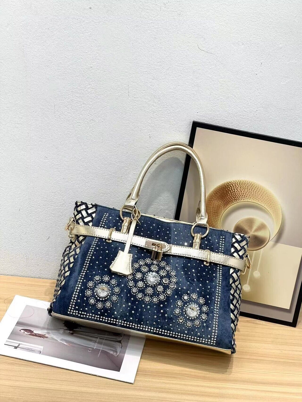Baldini Rhinestone-Embellished Denim Art Bag