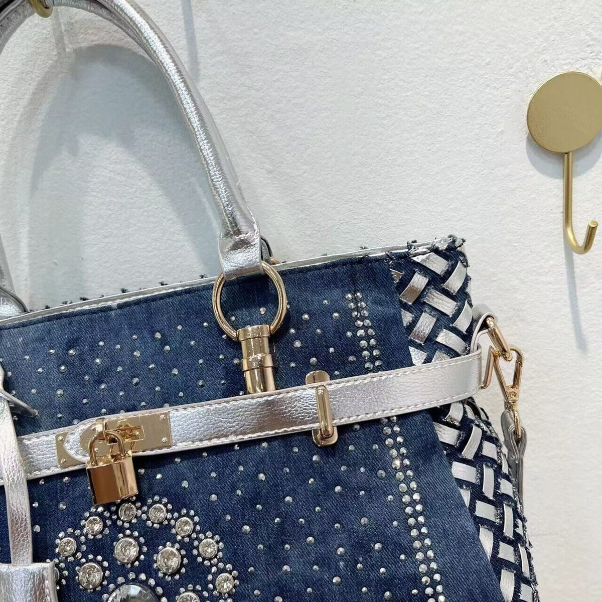 Baldini Rhinestone-Embellished Denim Art Bag