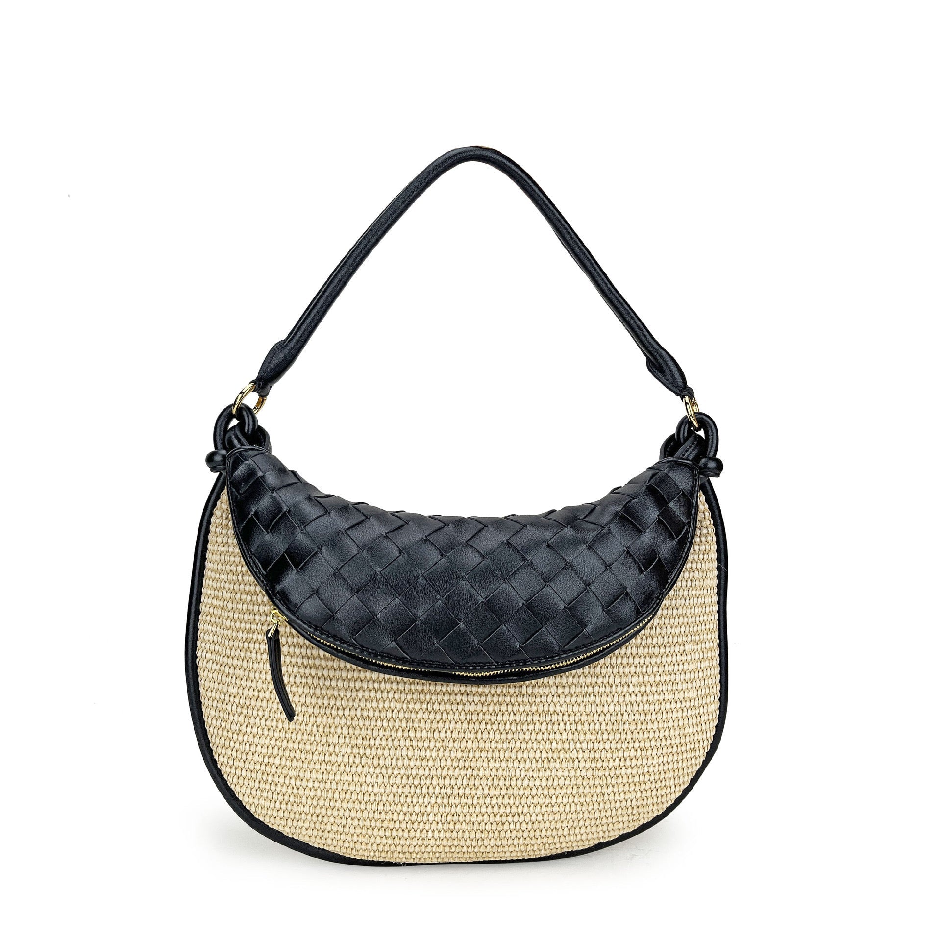 Leather-Trimmed Straw Bag