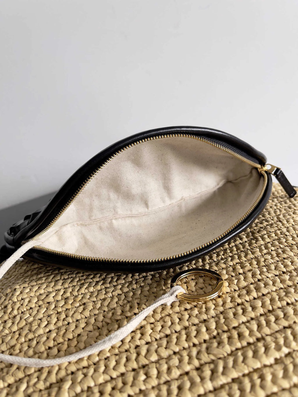 Leather-Trimmed Straw Bag