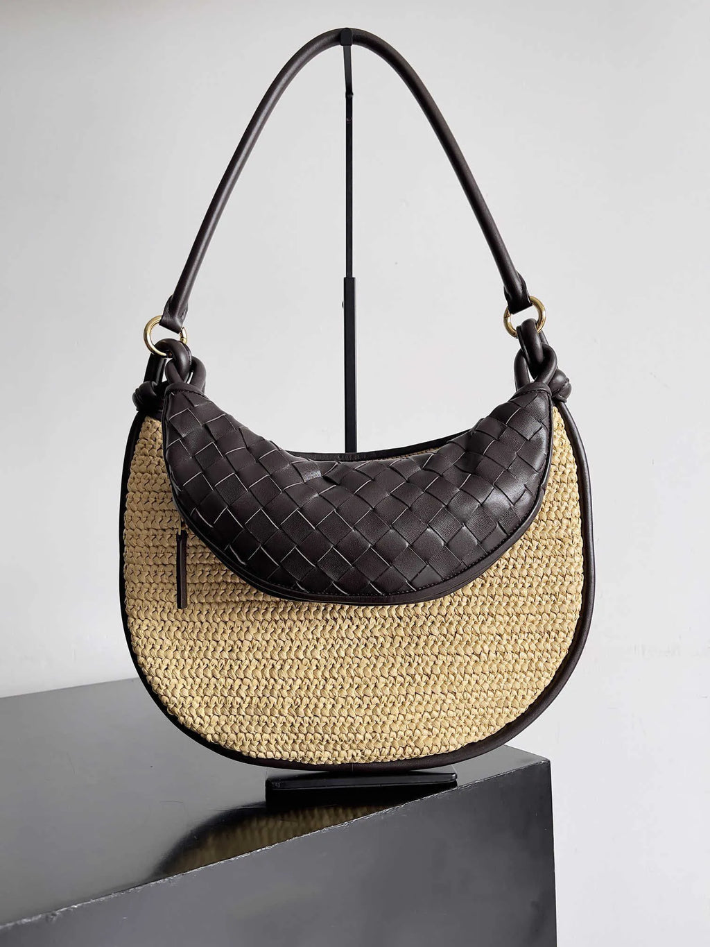 Leather-Trimmed Straw Bag