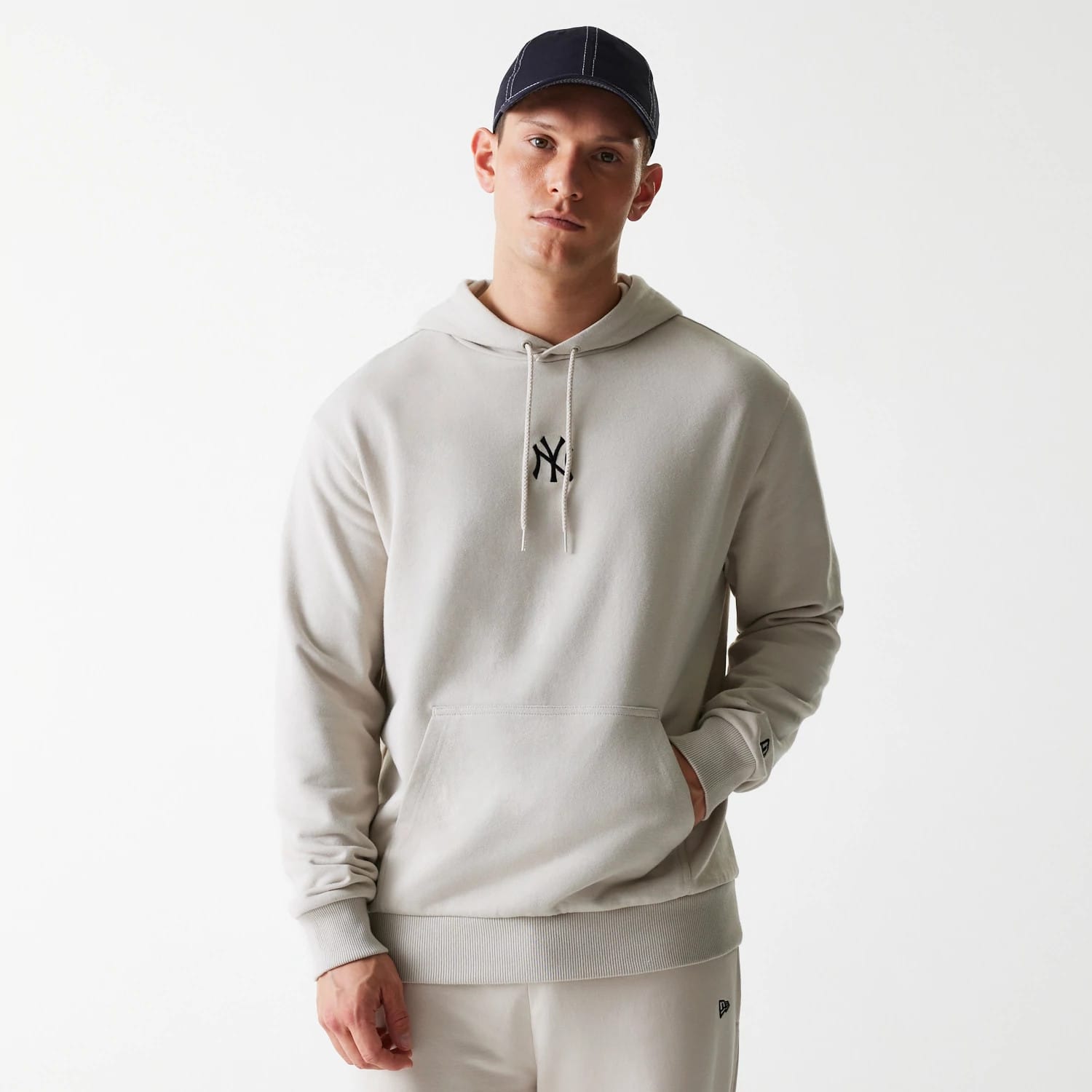New York Yankees MLB League Essential Midi French Terry Cream Oversized Pullover Hoodie-kentox