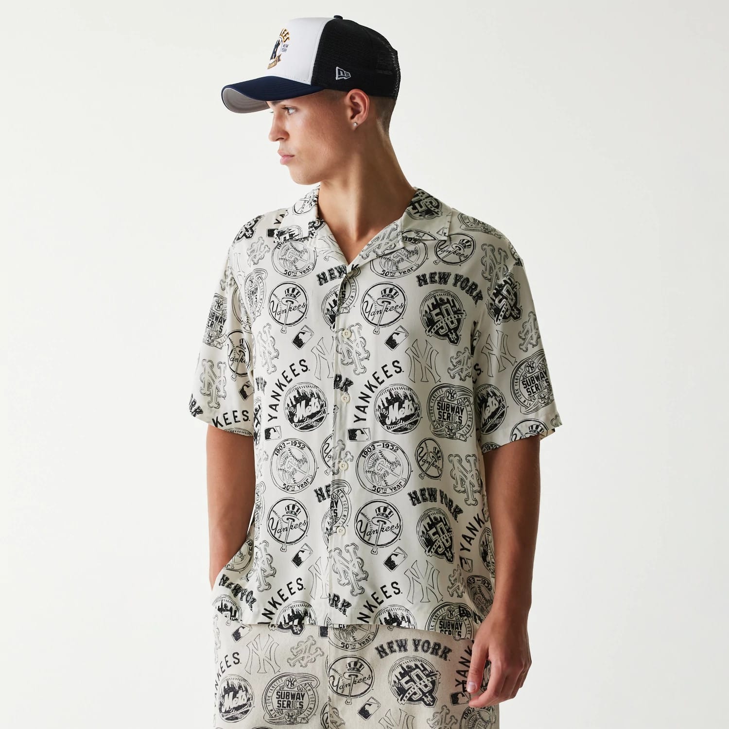 MLB Subway Series All Over Print Open White Short Sleeve Shirt-kentox