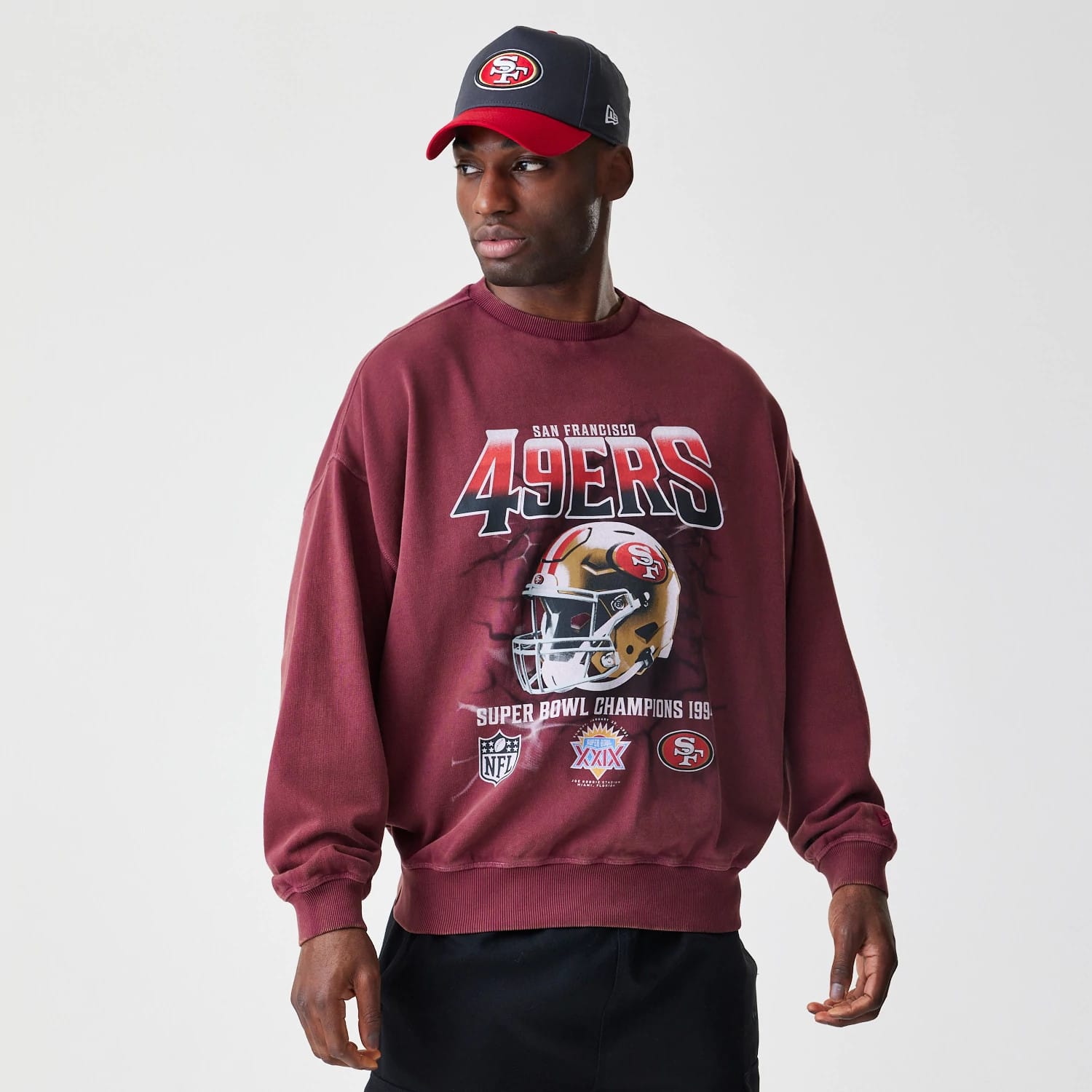 San Francisco 49ers NFL Washed Boxy Dark Red Oversized Crew Neck Sweater-kentox