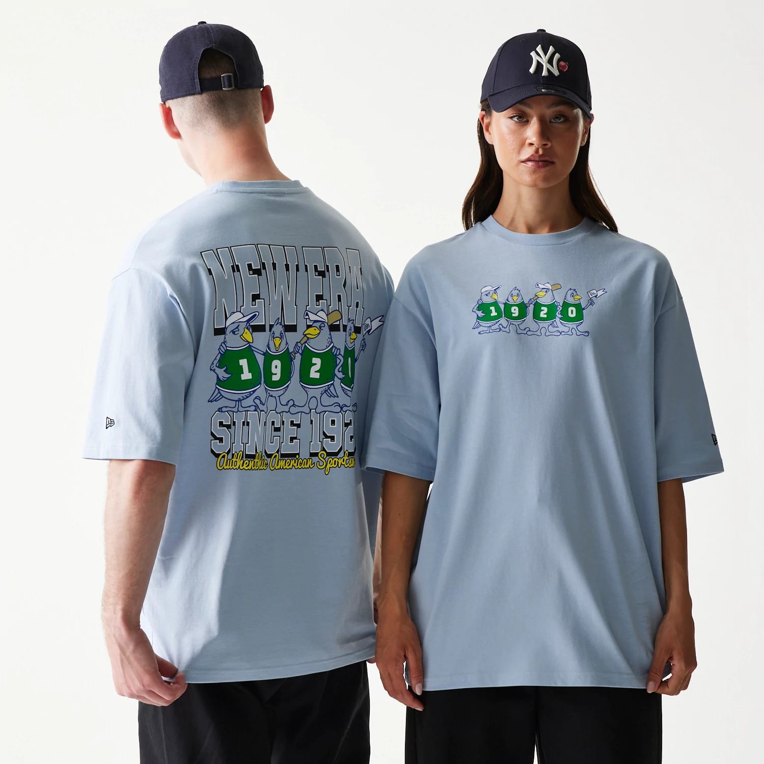 New Era Baseball Birds Character Graphic Blue Oversized T-Shirt-kentox