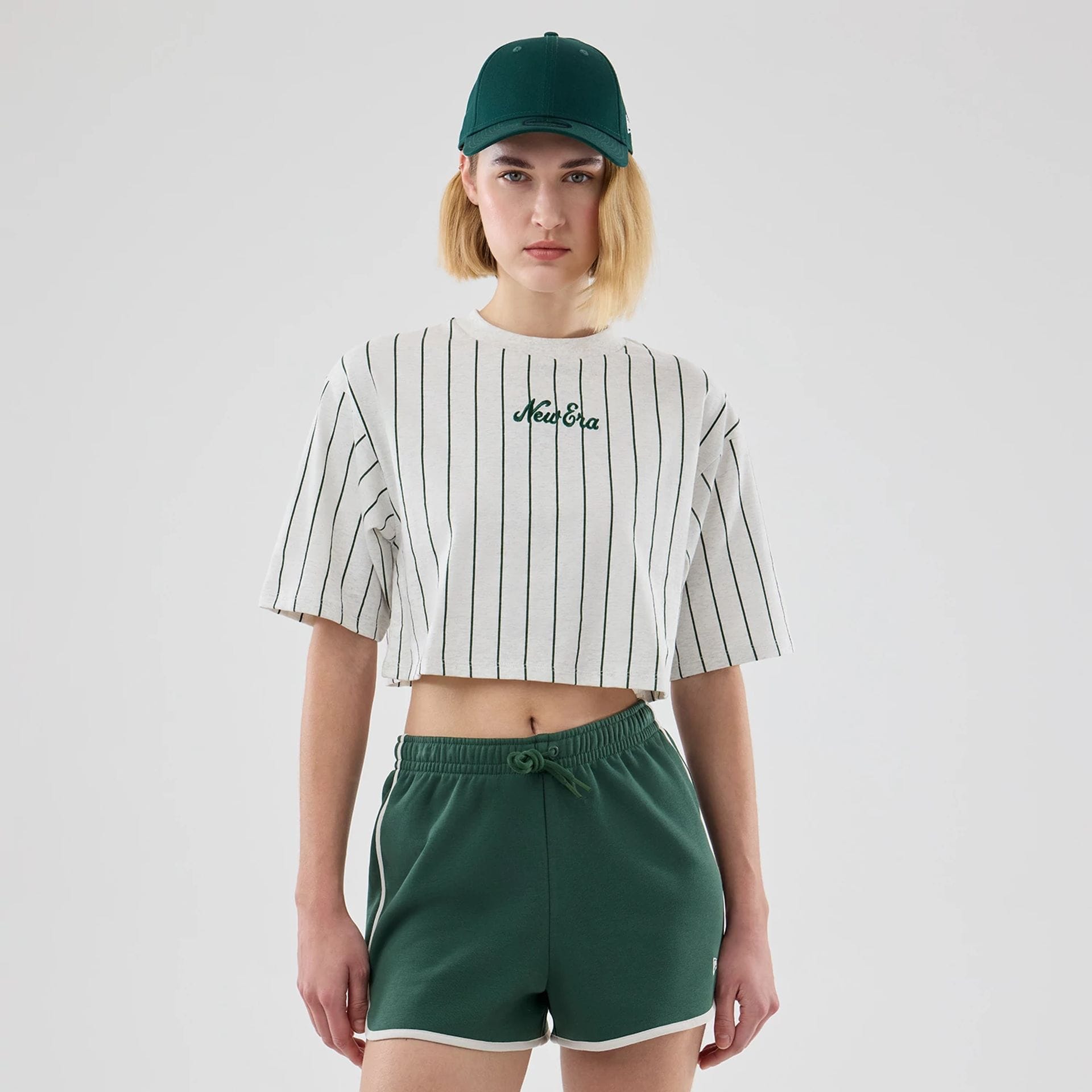 Womens New Era Pinstripe Pastel Grey Cropped T-shirt-kentox
