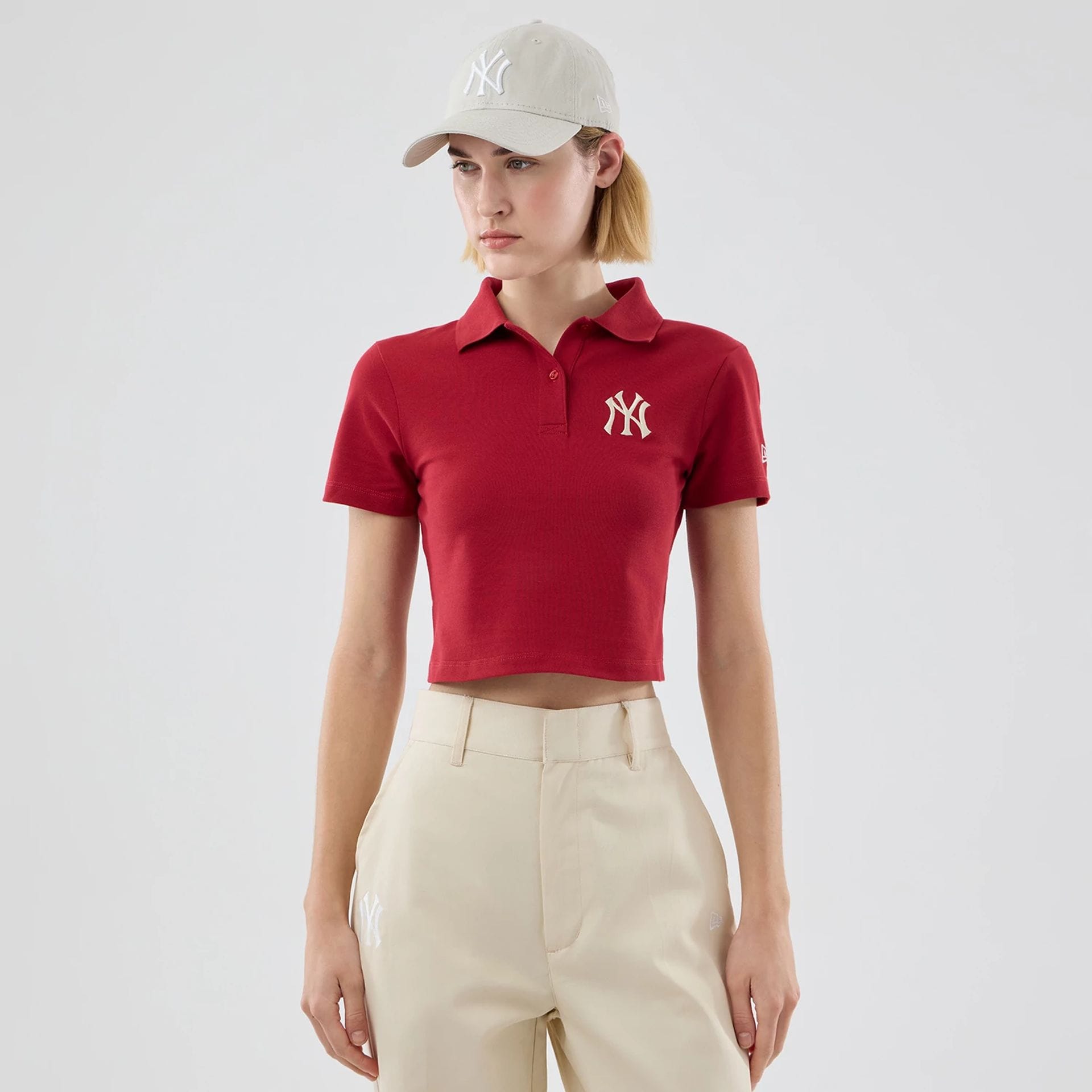 New York Yankees Womens MLB Dark Red Cropped Slim Polo T-shirt-kentox
