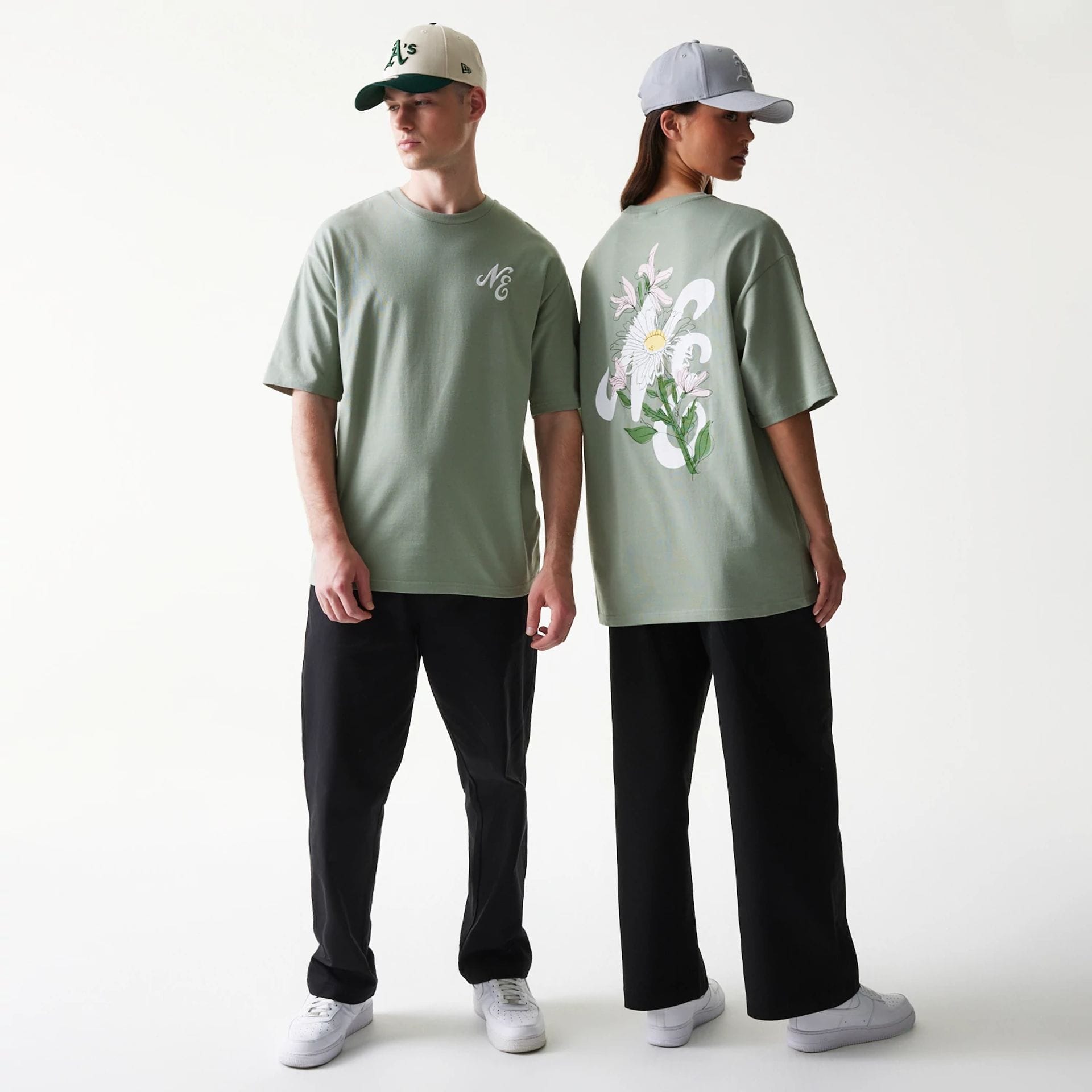New Era Floral Graphic Pastel Green Oversized T-Shirt-kentox