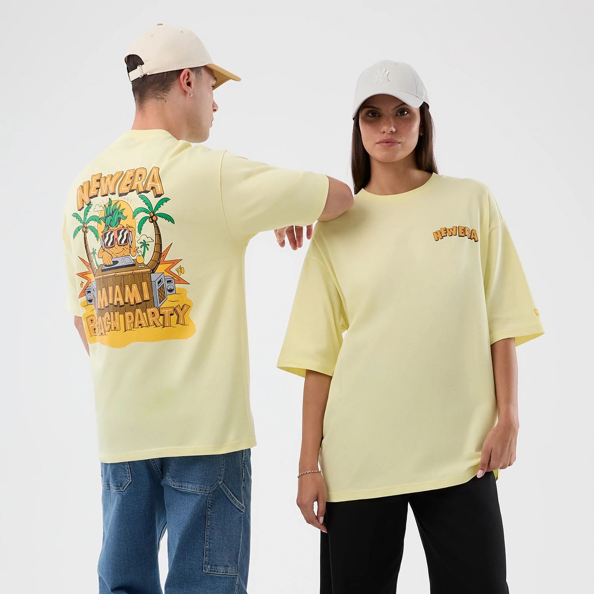 New Era Fun Beach Party Graphic Pastel Yellow Oversized T-Shirt-kentox