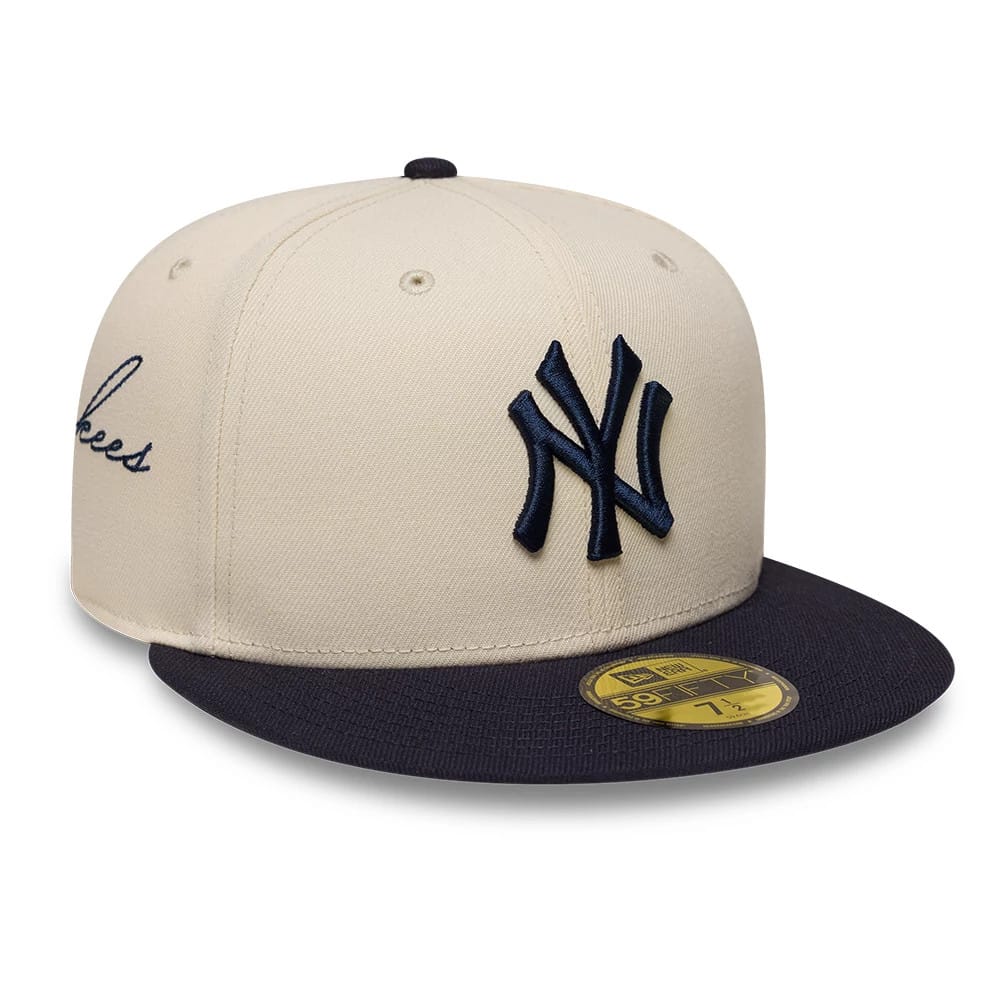 New York Yankees MLB Side Script Cream & Navy 59FIFTY Fitted Cap-kentox