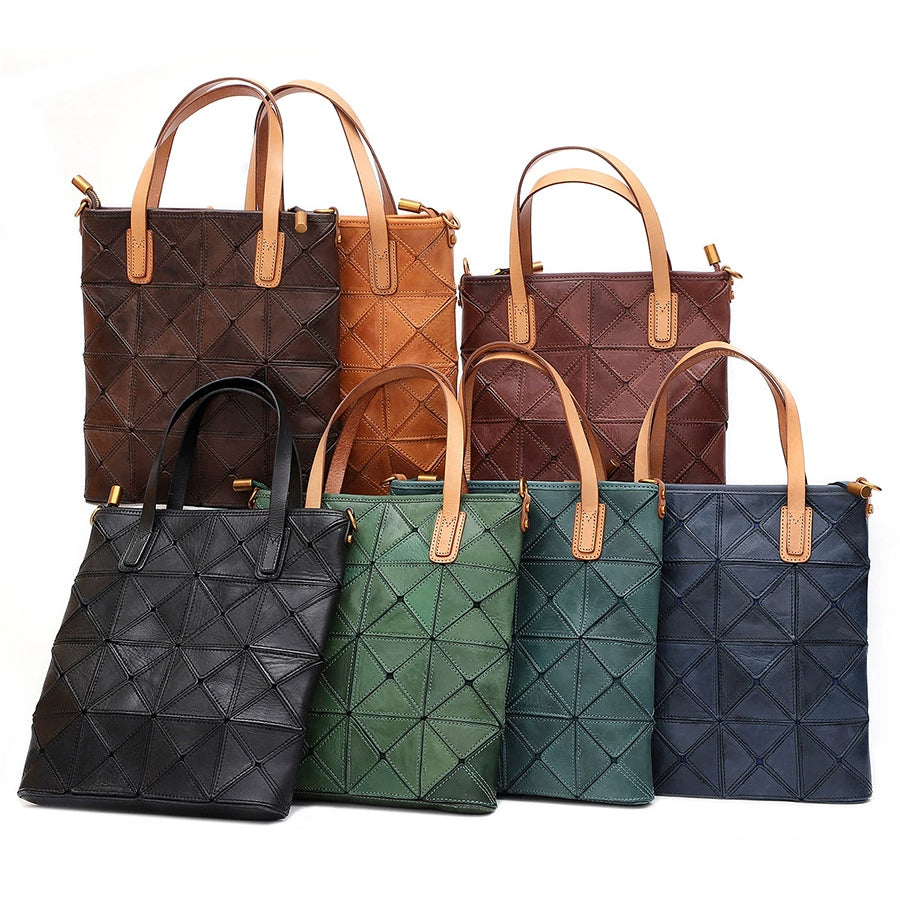 Stylish Argyle Patchwork Cowhide Leather Tote