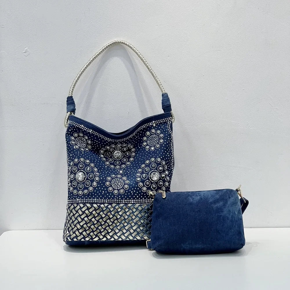 Vintage Denim Tote Bag with Sparkling Rhinestone Accents