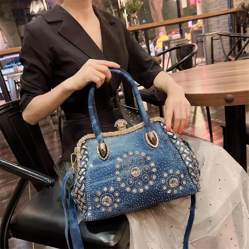 Denim Rhinestone Shoulder Bag – Stylish Sparkle for Every Occasion
