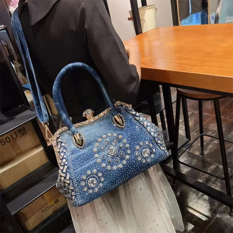 Denim Rhinestone Shoulder Bag – Stylish Sparkle for Every Occasion