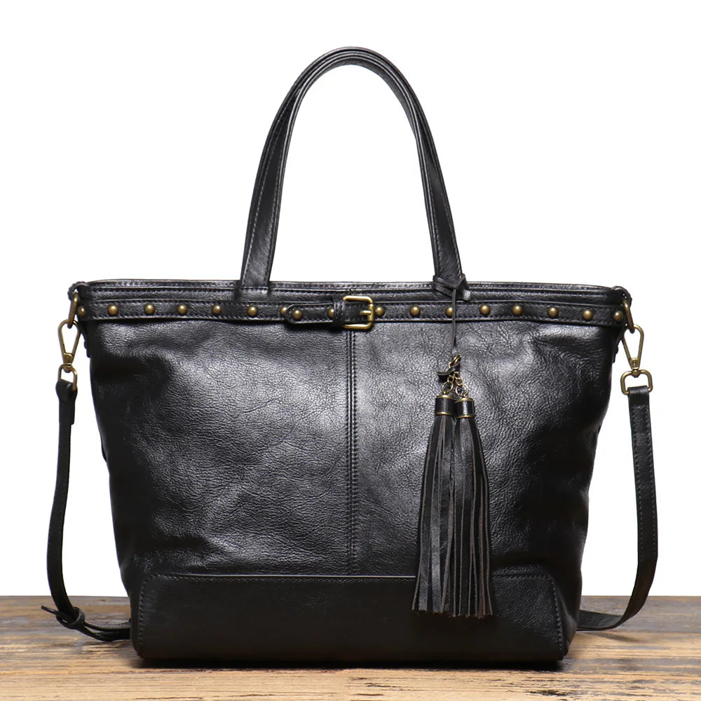 Vintage Brass-Tone Leather Tote Bag