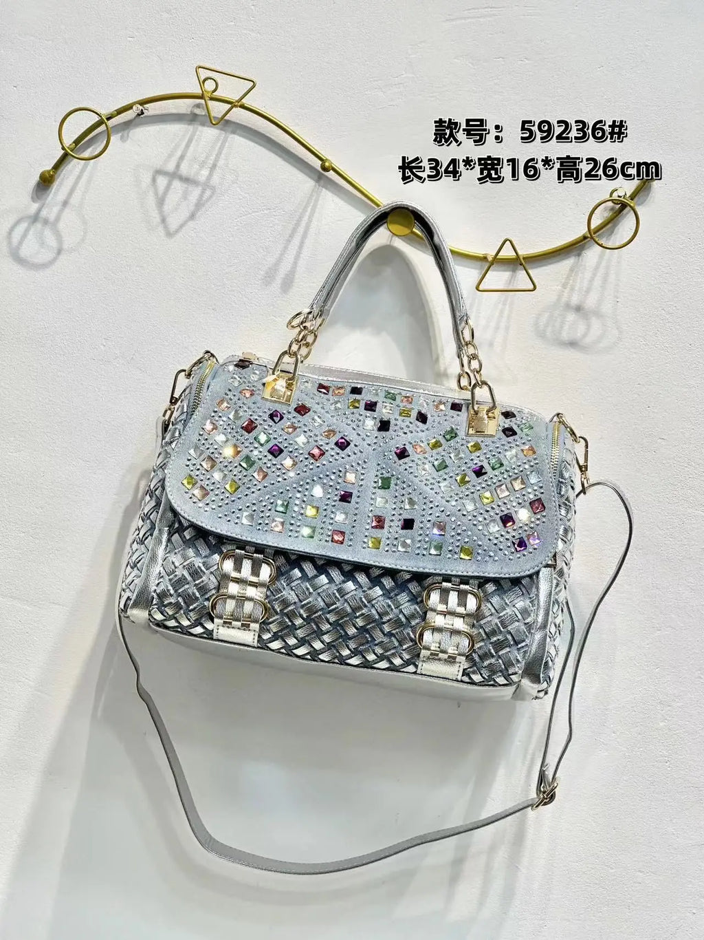 Rhinestone-Embellished Denim Shoulder Bag