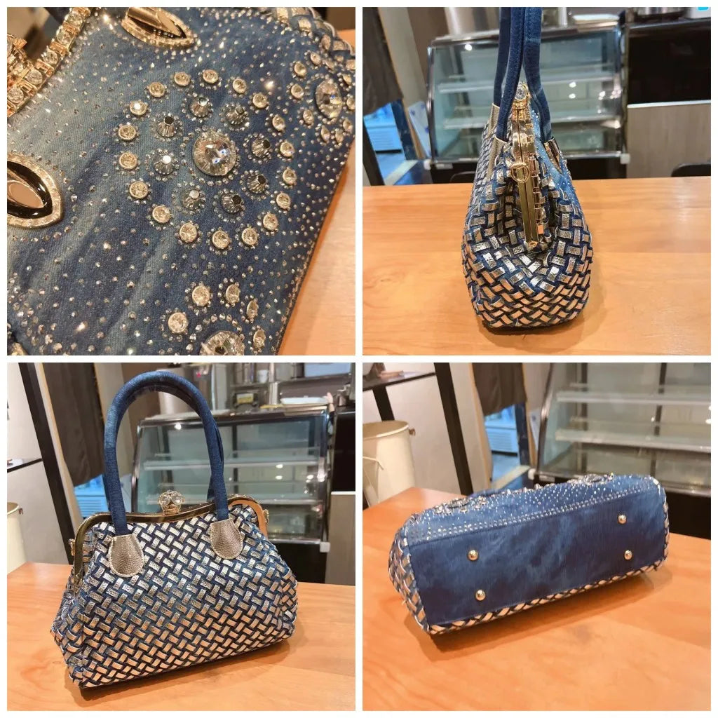 Denim Rhinestone Shoulder Bag – Stylish Sparkle for Every Occasion