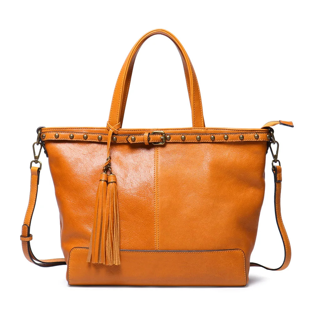 Vintage Brass-Tone Leather Tote Bag