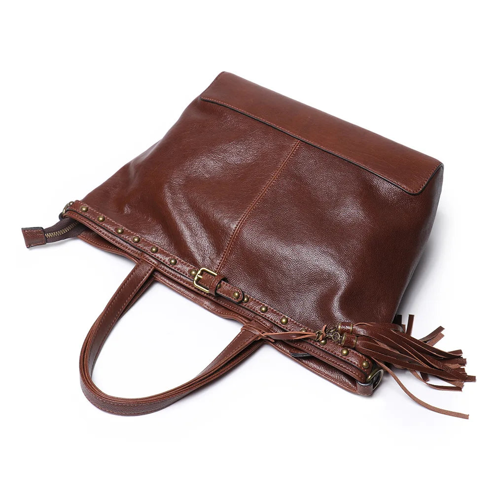 Vintage Brass-Tone Leather Tote Bag
