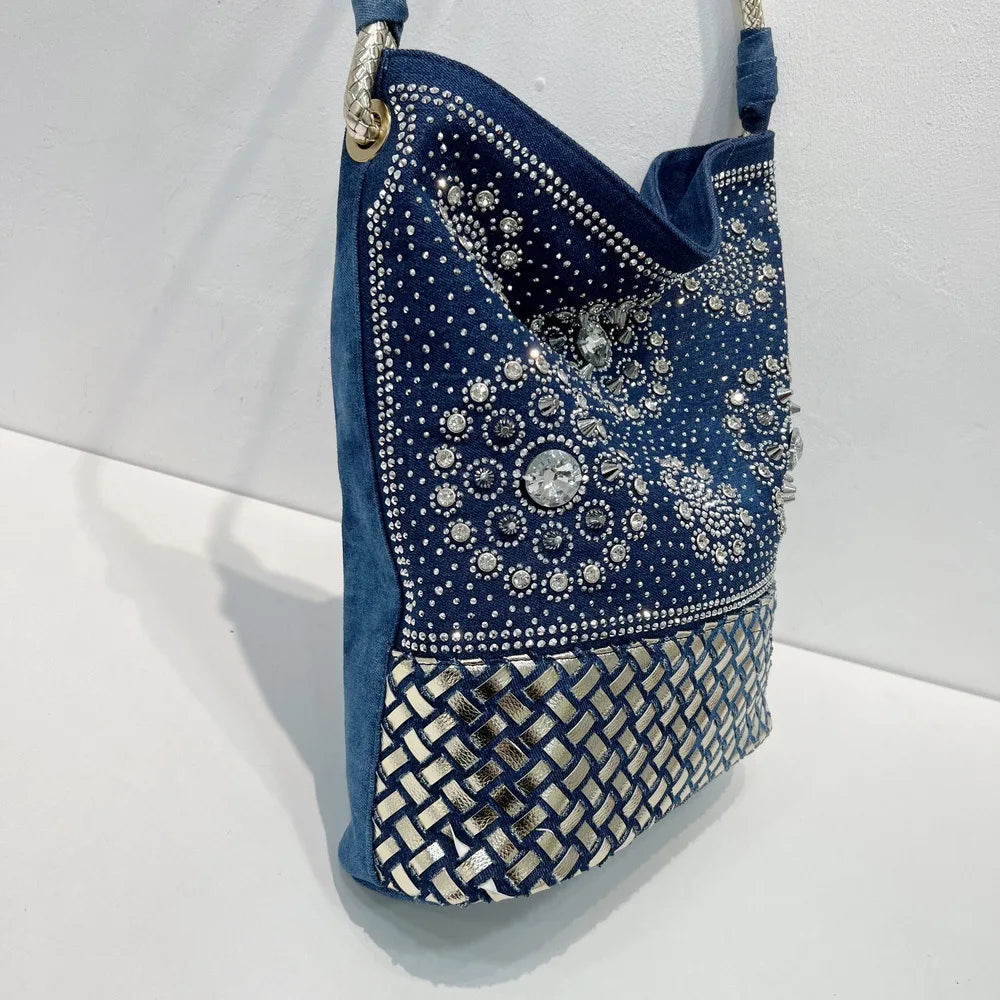 Vintage Denim Tote Bag with Sparkling Rhinestone Accents