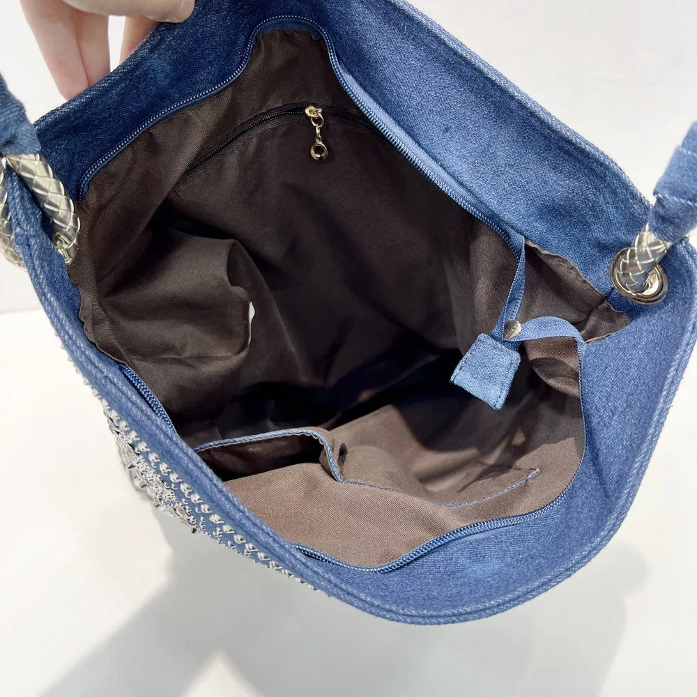 Vintage Denim Tote Bag with Sparkling Rhinestone Accents