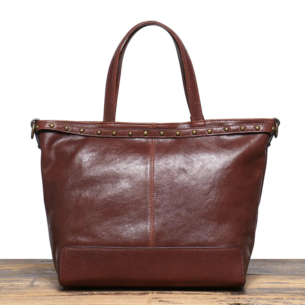 Vintage Brass-Tone Leather Tote Bag