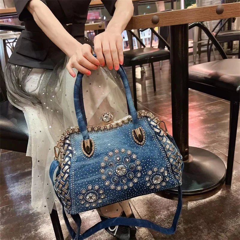 Denim Rhinestone Shoulder Bag – Stylish Sparkle for Every Occasion
