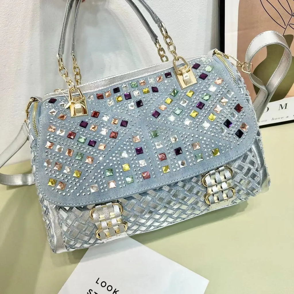 Rhinestone-Embellished Denim Shoulder Bag