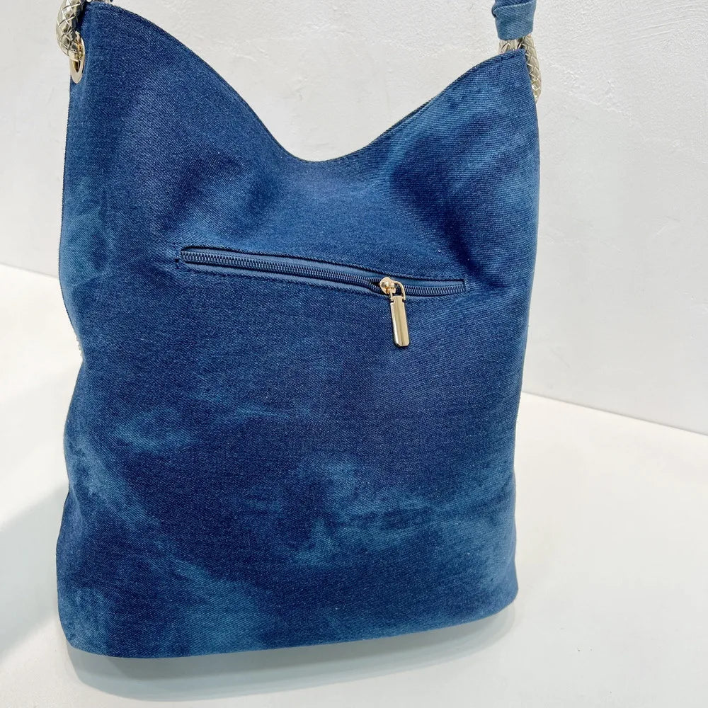 Vintage Denim Tote Bag with Sparkling Rhinestone Accents