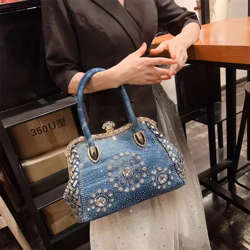 Denim Rhinestone Shoulder Bag – Stylish Sparkle for Every Occasion