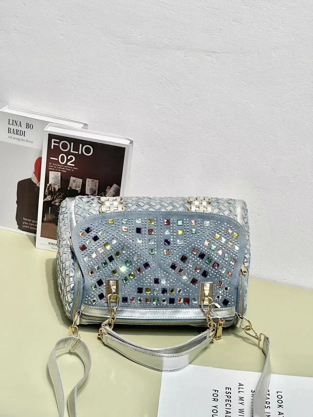 Rhinestone-Embellished Denim Shoulder Bag