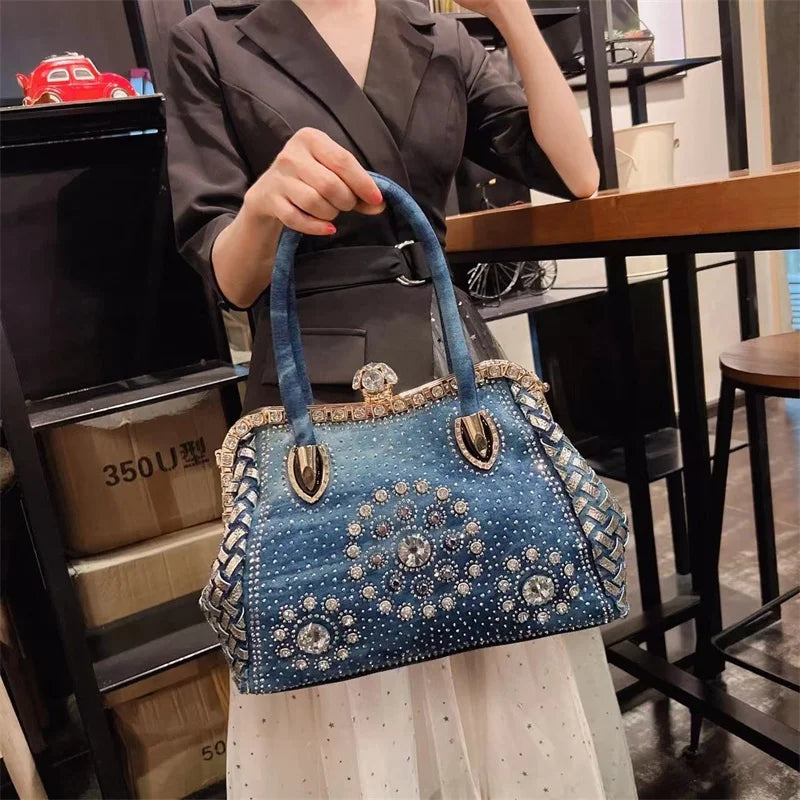 Denim Rhinestone Shoulder Bag – Stylish Sparkle for Every Occasion