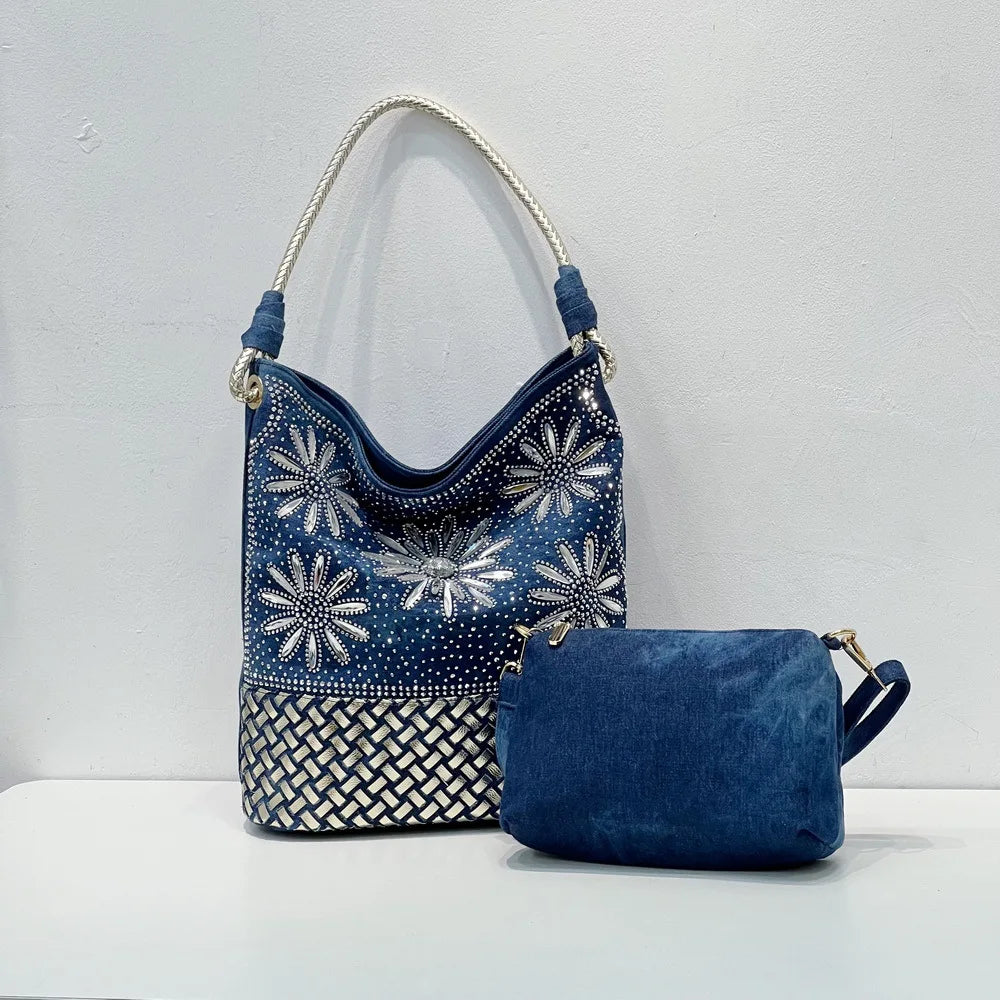 Vintage Denim Tote Bag with Sparkling Rhinestone Accents