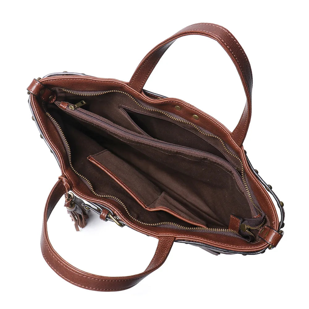 Vintage Brass-Tone Leather Tote Bag
