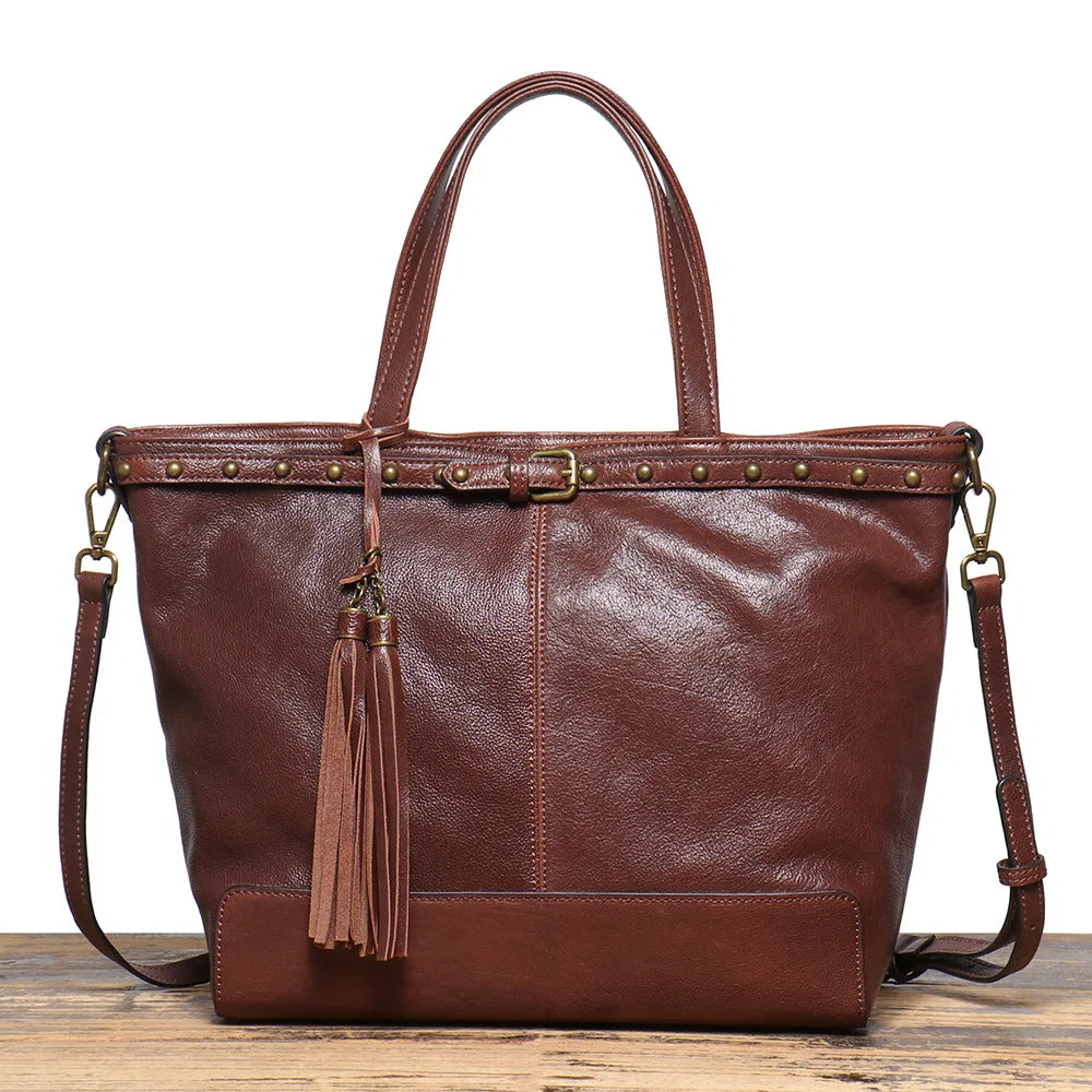 Vintage Brass-Tone Leather Tote Bag