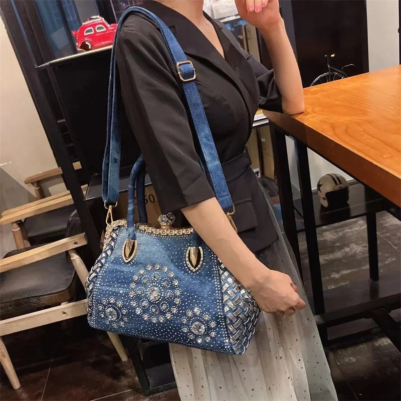 Denim Rhinestone Shoulder Bag – Stylish Sparkle for Every Occasion