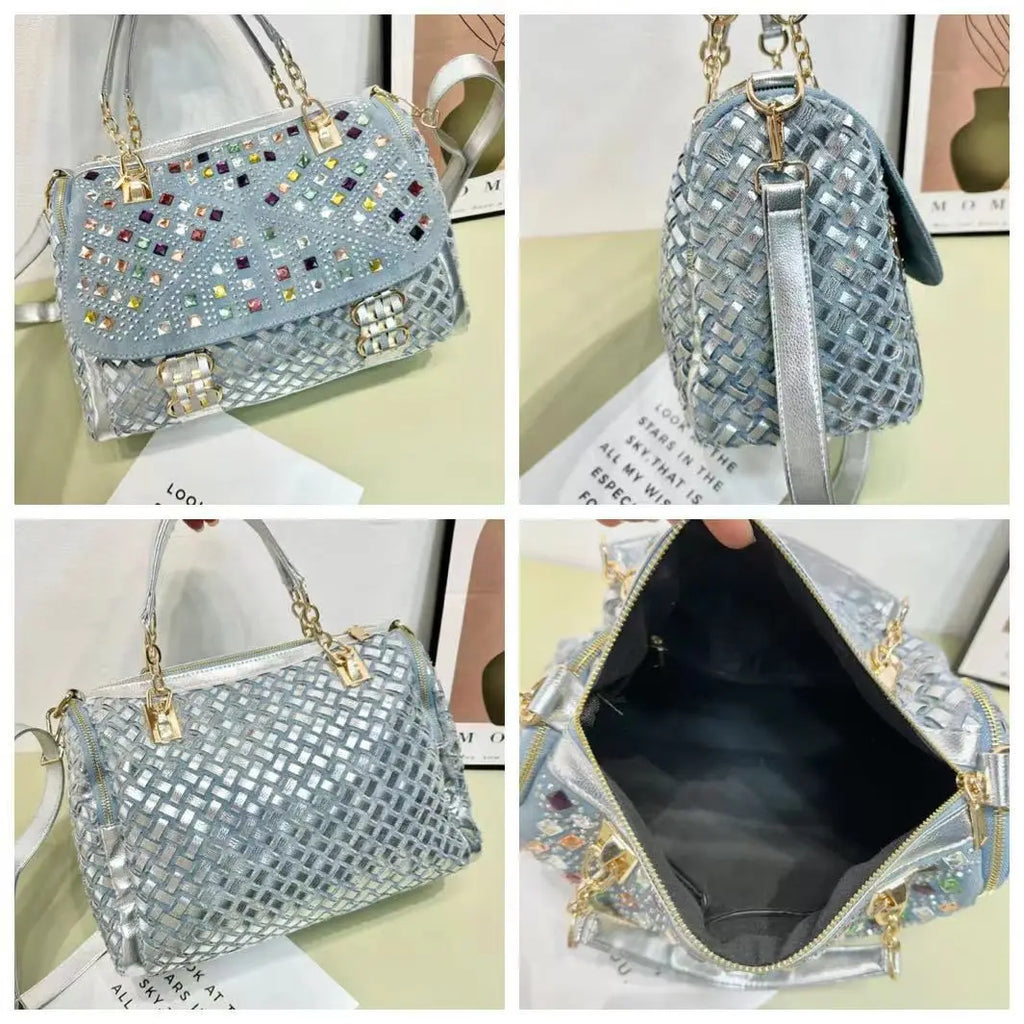 Rhinestone-Embellished Denim Shoulder Bag