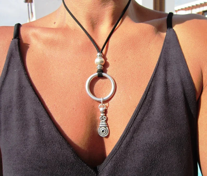 Bohemian Silver Ring Pendant Necklace with Elegant Artisan Charm