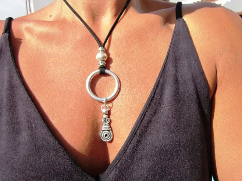 Bohemian Silver Ring Pendant Necklace with Elegant Artisan Charm