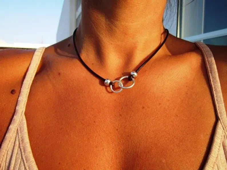 Eternity Leather Necklace with Elegant Silver Rings