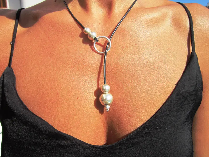 Boho Chic Leather Necklace with Elegant Silver Bead Accents
