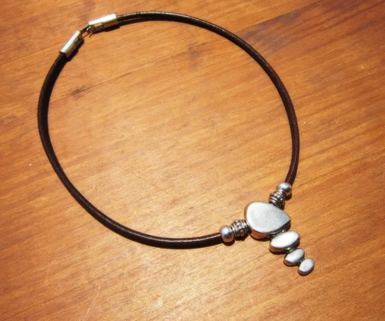 Genuine Leather Choker Necklace with Elegant Silver Pendant