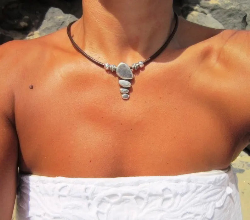Genuine Leather Choker Necklace with Elegant Silver Pendant