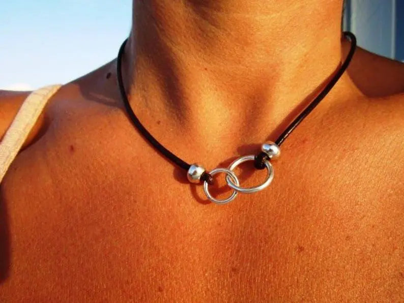 Eternity Leather Necklace with Elegant Silver Rings