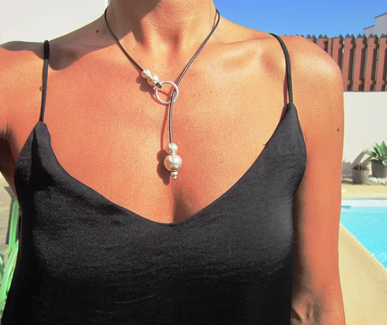 Boho Chic Leather Necklace with Elegant Silver Bead Accents